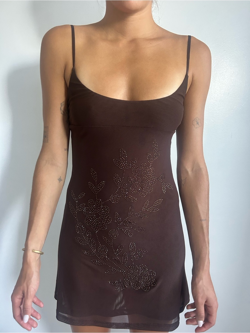 Tiger Mist Brown Floral Studded Slip Dress